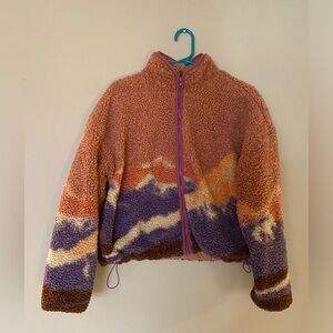 Cropped Zip-Up Sherpa with Mountain Print